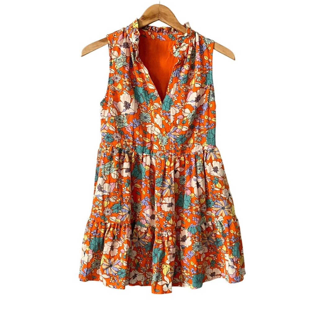 Orange Floral Tiered Mini Dress Ruffleā Neck Sleeveless Babydoll Retro Small